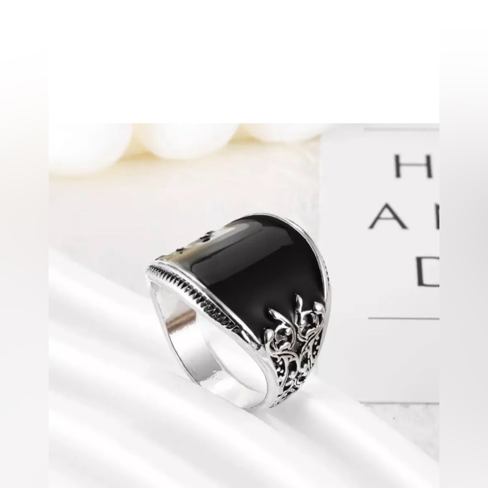 Silver Tone black Onyx men ring size 7